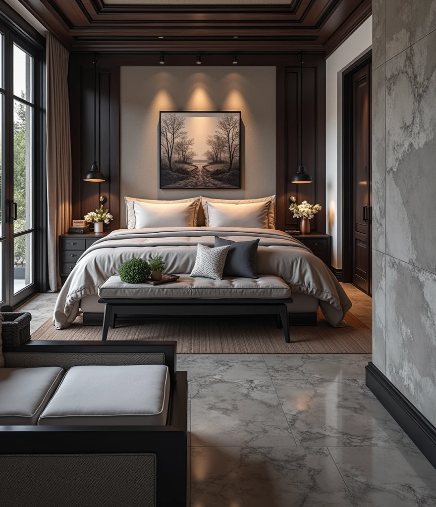Indochina bedroom interior design, bedroom with bed, lamp, carpet, pillow, couch, tiled floor, black wood furniture, picture frame, daytime, 8k uh, DSLR, soft light, quality high, film grain, Fujifilm XT3