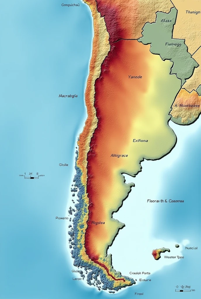 Create an image of a map of Chile highlighting the areas of greatest seismic and volcanic risk.