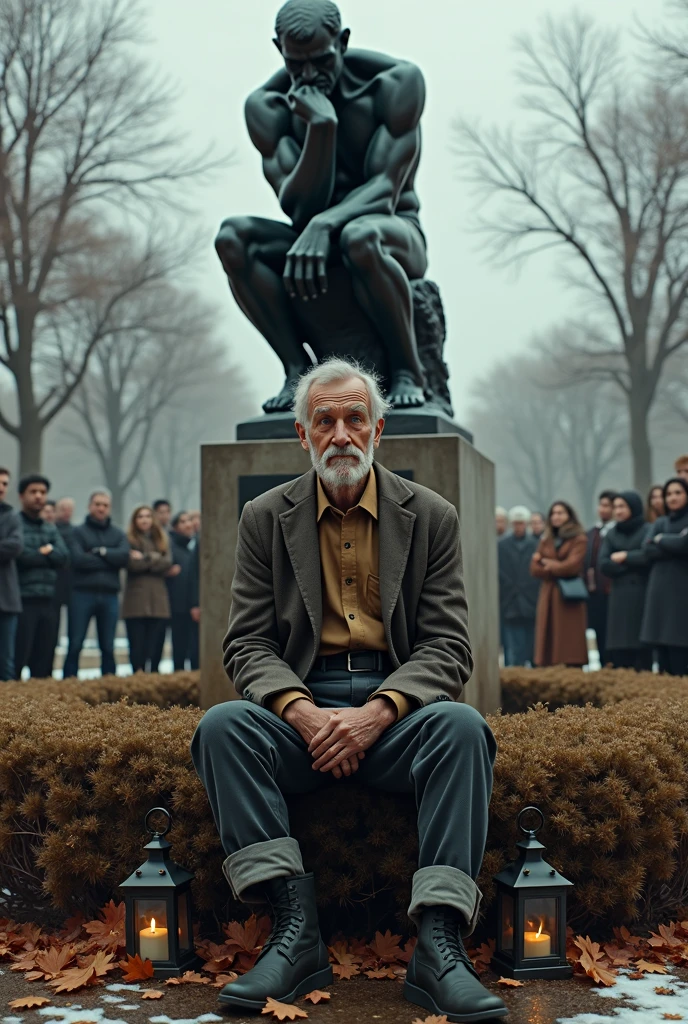 a very crazy man in old clothes from the 50s sits in front of the monument The Thinker by Auguste Rodin in the pose of The Thinker by Auguste Rodin, smokes a cigar and looks at his face. Around a crowd of watching people with different emotions. Around lanterns, withered bushes, autumn leaves, snowy landscape