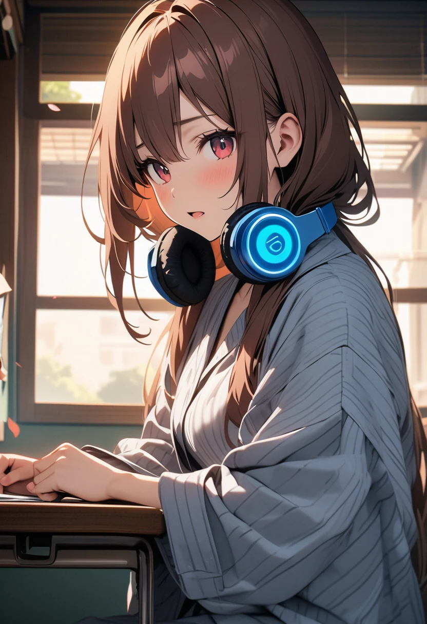 (Highest quality, 4K, 8k, High resolution, masterpiece:1.2), Very detailed, Picturesque, Animated Photography, Photo Animation:1.37)、Japanese schoolgirl、(Brown Hair)、(Medium Long Hair)、yukata、Black choker、Blue headphones around his neck、classroom、Nakano Miku
