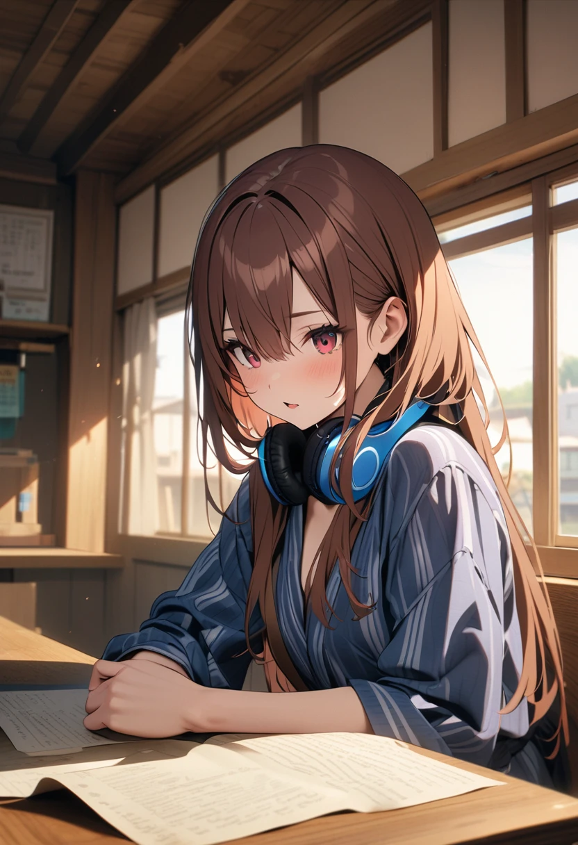 (Highest quality, 4K, 8k, High resolution, masterpiece:1.2), Very detailed, Picturesque, Animated Photography, Photo Animation:1.37)、Japanese schoolgirl、(Brown Hair)、(Medium Long Hair)、yukata、Black choker、Blue headphones around his neck、classroom、Nakano Miku
