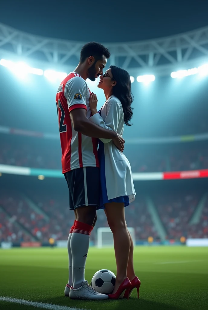 A man and woman kissing eachother in football stadium ground at night time all spot light on them woman is wearing glasses and had black hair . Woman is wearing blue dress high heels and a lab coat over dress. Man is wearing white and red colour 32 number jersey. Siddharth written on jersey. Woman is cupping man s face . Man s one foot resting on a soccer ball. Man is 1 feet taller than woman. Add some audiance in stedium . Make man s tall than woman . Make it realstic. Make them indian