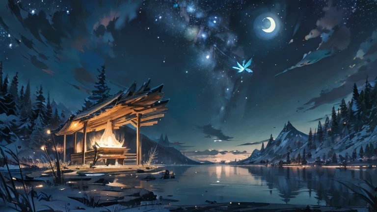 masterpiece, best quality,8K, Ultra-high resolution,On warm summer nights,A bright moon hangs above the deep blue starry sky,Girl standing in the middle of the lake,Her long hair seems to be swaying in the wind,The breeze caresses her cheeks,Bring a chill。She raised her head gently, looking at the moon in the distance, It seems as if the past has been forgotten, The lake quietly reflects the sky。calm around, Only a few campfire bugs are flying around, The girl is confused and curious, Enjoy this peaceful night。