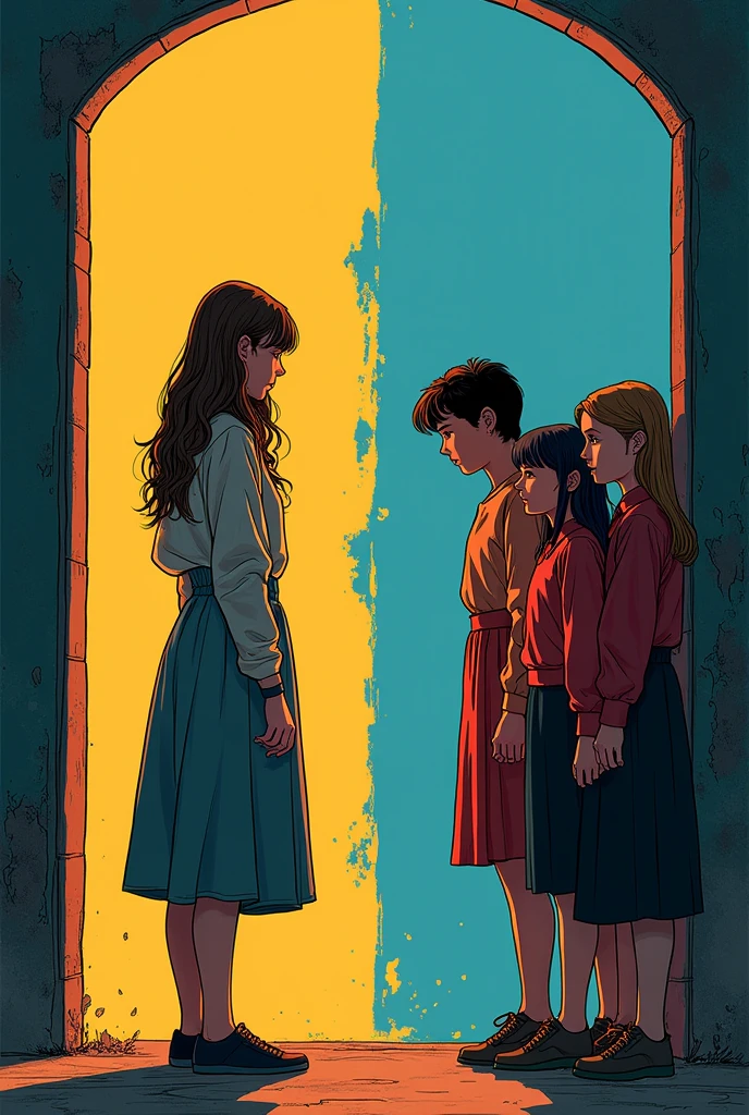 A long black haired woman is on the first door is lonely and on the right door is the short black haired woman fighting and her brother and sisters lined up got her back comic style