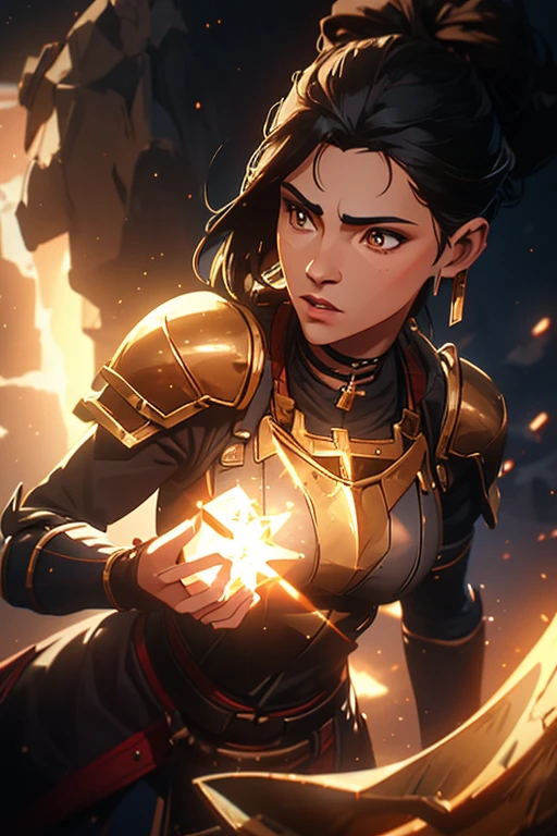 a young female warrior, short brown hair, wearing heavy battle armor, shiny armor with a cross on the chest, brown eyes, paladin, divine light from the sky, best quality, 4k, 8k, highres, masterpiece:1.2, ultra-detailed, realistic, photorealistic, photo-realistic:1.37, HDR, UHD, studio lighting, ultra-fine painting, sharp focus, physically-based rendering, extreme detail description, professional, vivid colors, bokeh, digital painting, concept art, fantasy, epic, dramatic lighting, cinematic, volumetric lighting, glowing energy