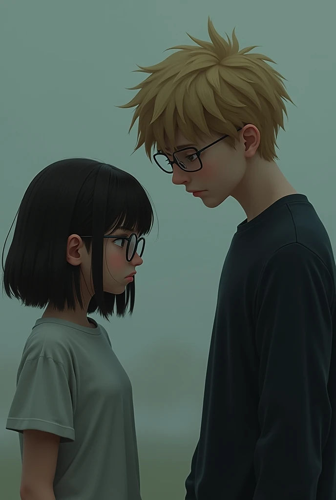 girl with a medium length hair with glasses, and have a sulking face, and boy have blonde hair with glasses and have 6'2 height 
