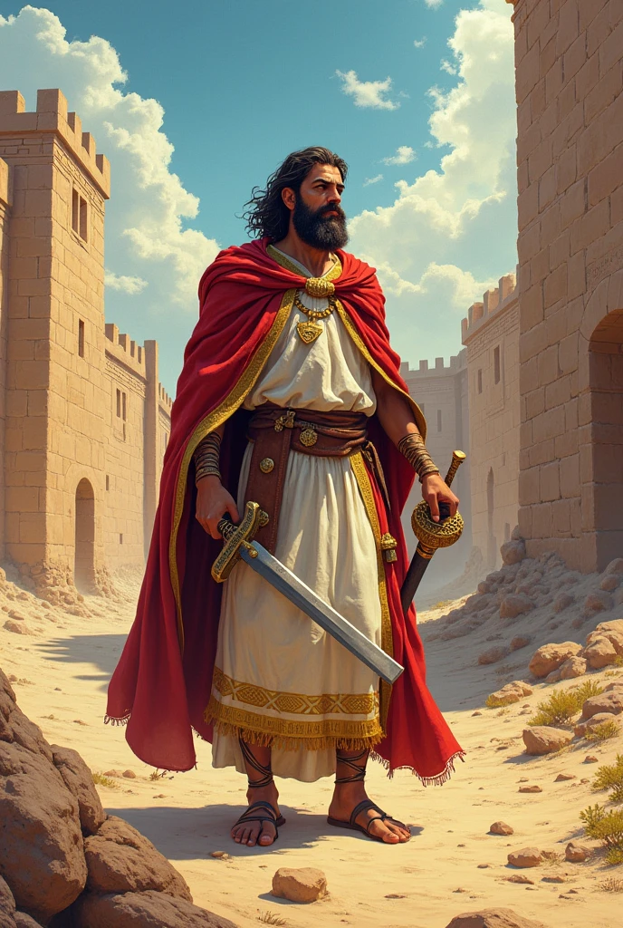 Comic style wallpaper in 4K: Joshua, the biblical leader, depicted in a realistic comic style. He wears a linen tunic with gold edges., reflecting ancient Hebrew clothing. In one hand he holds a short iron sword, evoking the biblical weapons of the time, while in the other hand he carries a shofar (ram's horn trumpet). The background shows a dramatic view of the walls of Jericho with Israelite details and a desert landscape.. The design should capture a vibrant and dynamic style, with vivid colors and exaggerated details, highlighting the determination, el coraje y la fe de Joshua.