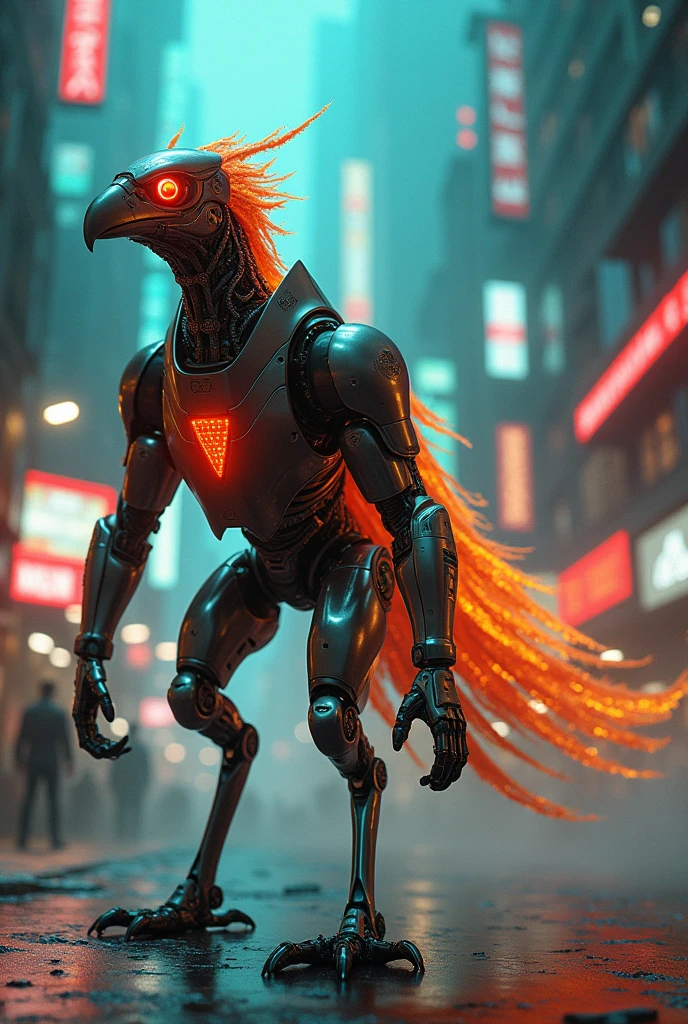 fire birds in robocop costume, walking in cyberpunk city with teal and orange neon lights