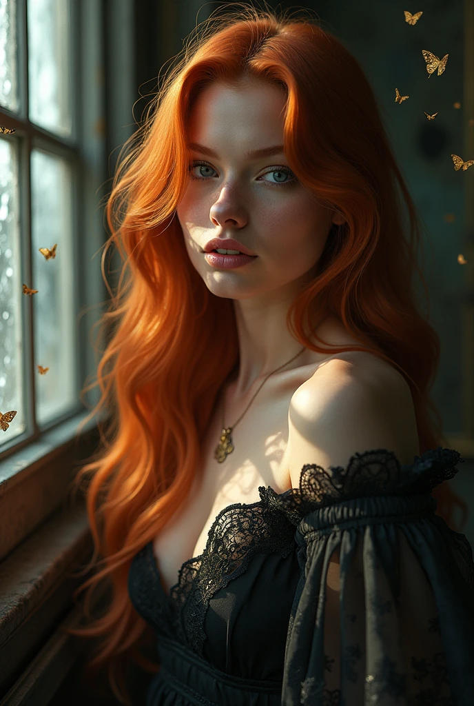 (solo, full body photo:1.3), (action packed:1.3), (haze, fog, mist:1.3), chiaroscuro, best quality, photorealistic, 1woman, (cute), (24yo:1.2), redhead, long ginger hair highly detailed, 1700'S, digital photography, art by artgerm and ruan jia and greg rutkowski surreal painting gold butterfly filigree, broken glass, (masterpiece, sidelighting, finely detailed Fashionable eyes: 1.2) (perfect oval large eyes that gazes at the viewer), beautiful detailed face, blue gorgeous perfect eyes, (blonde hair ponytail), (attractive young woman:1.3), (thick amazing hair), (seductive:1.1), (blushing:1.1)