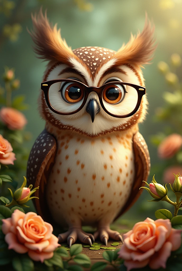 A Disney Pixar style owl, with glasses, smart, surrounded by owl-colored roses with green leaves