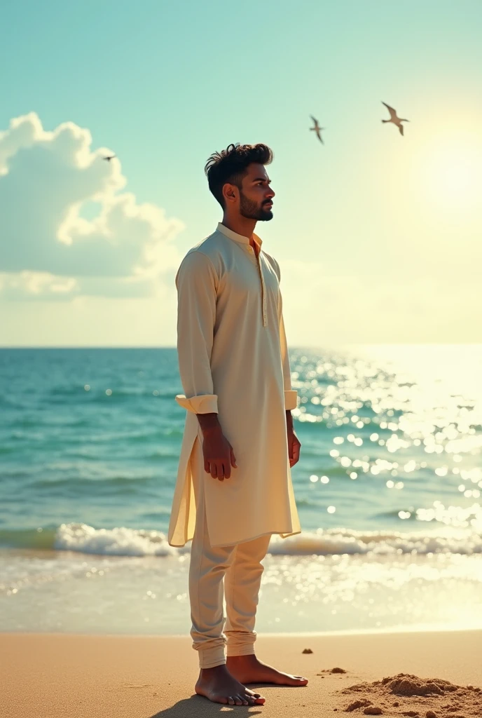An indian young man in front of the sea shore