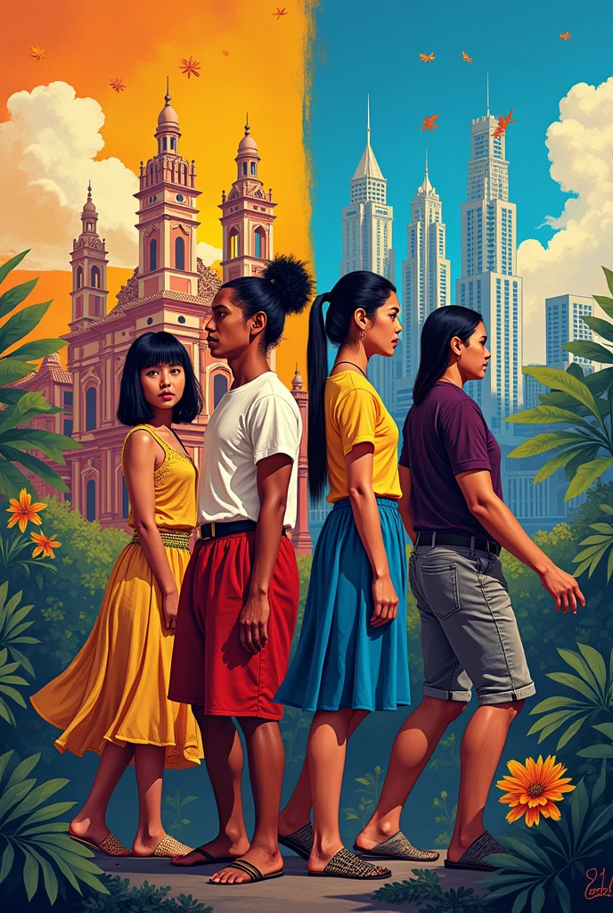 Create an poster that depicts the 4 contemporary filipino culture (Ethnic, Spanish Colonial Tradition, American Colonial Tradition, Contemporary Tradition) make sure it shows the 3 element and 2 principles of art make it a 1 picture