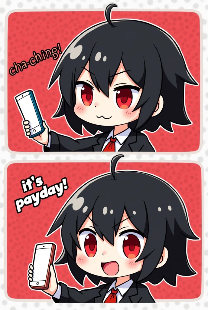 chiby style, 2comic panels, dot halftone, flat color, black short hair vampire girl with red eyes rising her smart phone, panels one say "Cha-Ching" in sound effect with smirk face, panel tow saying "IT IS PAYDAY!" with happy face, text fontstyle comic, red dot background, cute