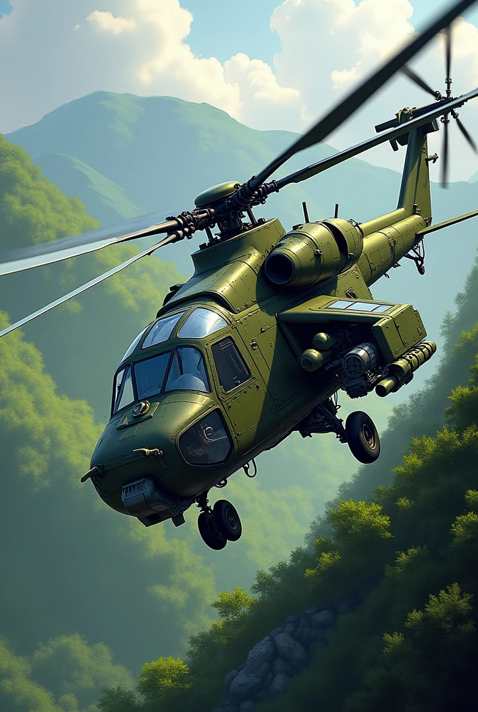 make an illustration of a super puma helicopter, green color found on land
