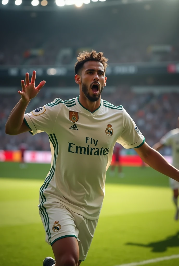 Stunning Rogerinho , offwhite,and is Brazilian, short dark brown hair, and he doesn't have a beard, and has the face of a child around 8 or , and he is a Real Madrid player, photo in 8k, in action, cinematic.he celebrated his goal