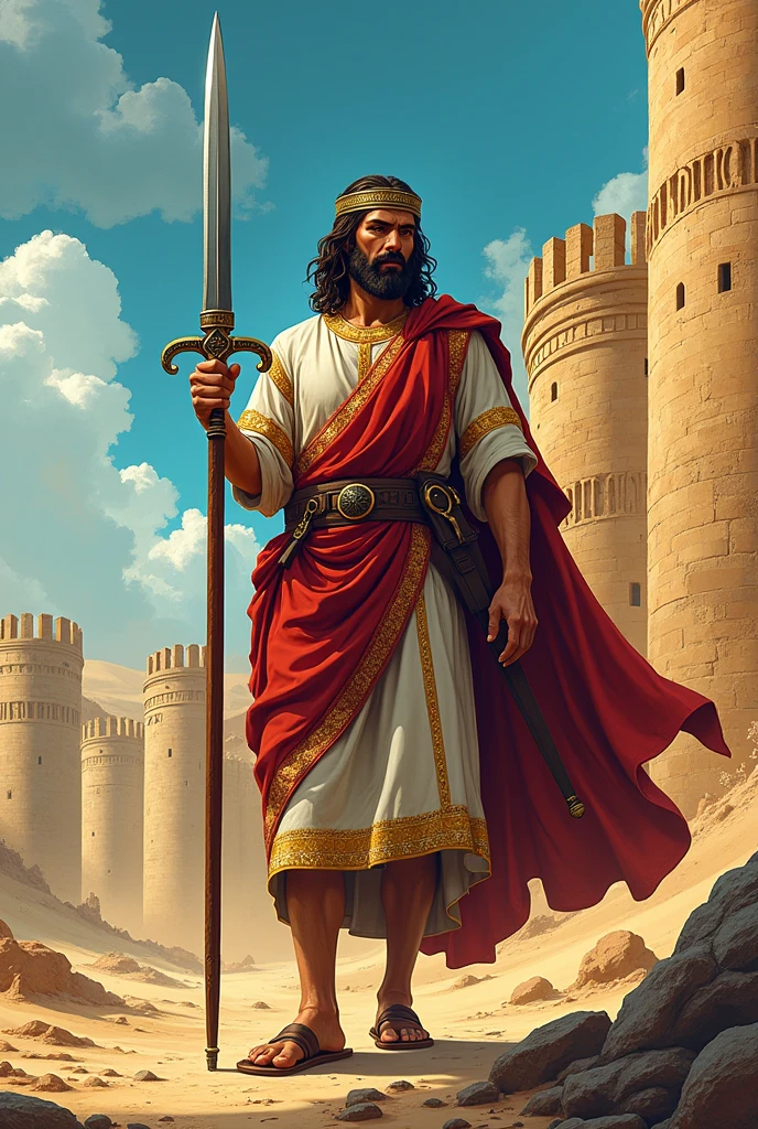 Comic style wallpaper in 4K: Joshua, the biblical leader, depicted in a realistic comic style. He wears a linen tunic with gold edges., reflecting ancient Hebrew clothing. In one hand he holds a short iron sword, evoking the biblical weapons of the time, while in the other hand he carries a shofar (ram's horn trumpet). The background shows a dramatic view of the walls of Jericho with Israelite details and a desert landscape.. The design should capture a vibrant and dynamic style, with vivid colors and exaggerated details, highlighting the determination, el coraje y la fe de Joshua.