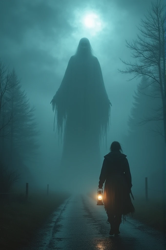 A lone traveler walking on a foggy road at midnight with only a dim lantern in hand. The traveler suddenly encounters a ghostly figure standing in the middle of the road, blocking their way. The ghost has a translucent body, tattered clothing, and a haunting expression, causing the traveler to freeze in terror.