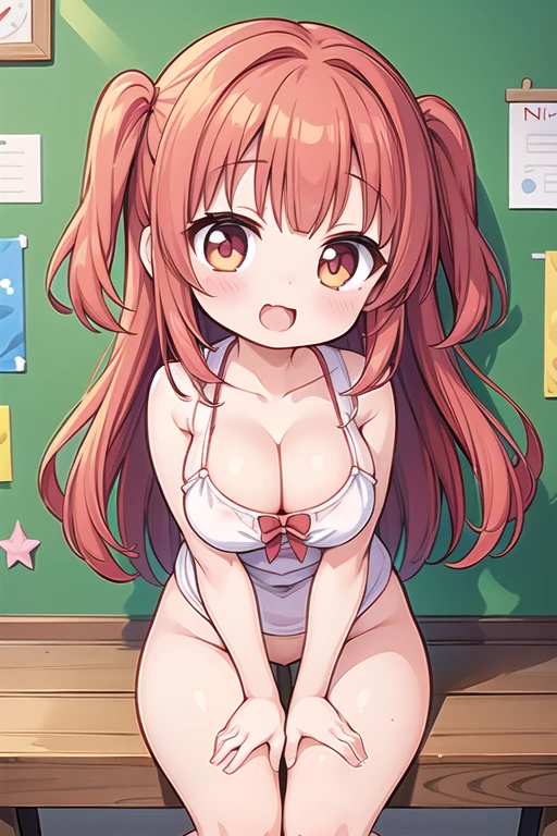 1 Cute naughty toddler Girl, large breasts, thick legs, (two side up, long hair, red hair), brown eyes, (naked:1.2), (blush, ;d, yuruyuri), at the adventurer's guild, A bulletin board with posted paper