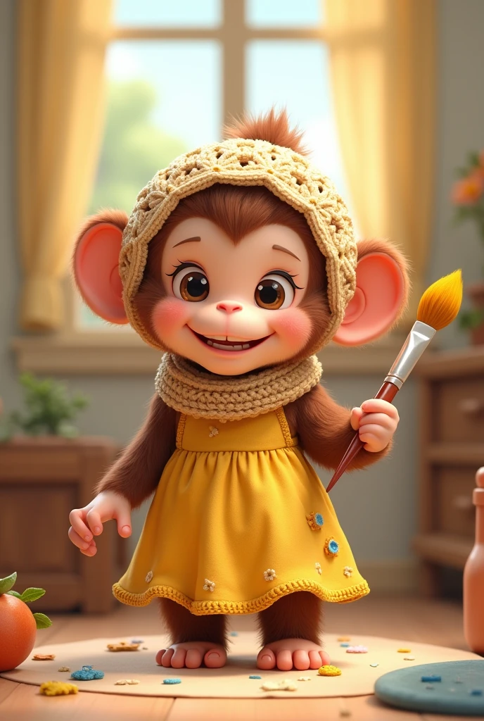 A cute cartoon monkey wearing a yellow cottage style dress and a crocheted scarf on head with a paint brush in hand