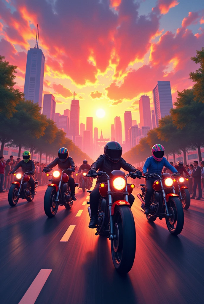 

“Create a vibrant portrait-oriented image depicting a thrilling motorcycle scene at sunset and towards aeon mall. In the foreground, show several 2-stroke motobike lined up with riders wearing colorful protective gear, ride very speed to. The background should feature a stunning city skyline filled with tall buildings silhouetted against a colorful sunset sky, radiating oranges, pinks, and purples. Include  people watching the motorcycles in anticipation, adding to the dynamic atmosphere of the scene. Capture the excitement and energy of the moment.”