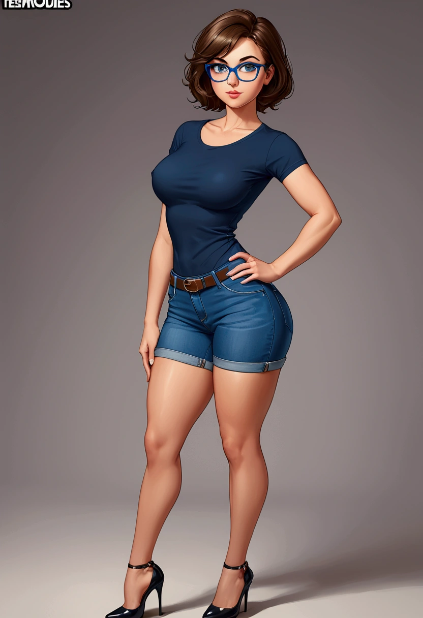 20 years old woman, Short brown hair, Mediterranean with blue eyes, Generous and heavy breasts, slender waist, estomac defini, fesses rebondies et pulpeuses, naturally curved, muscular thighs, aguicheuse, , en jean, teeshirt court, talons, lunettes