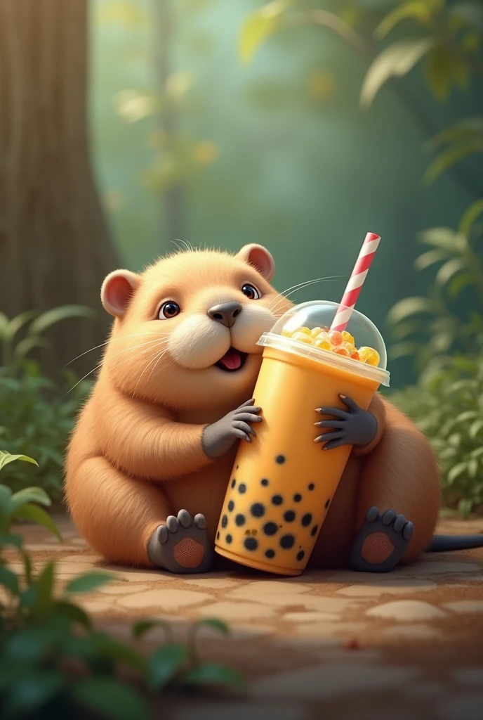 Capybara hugging a bubble tea on its side