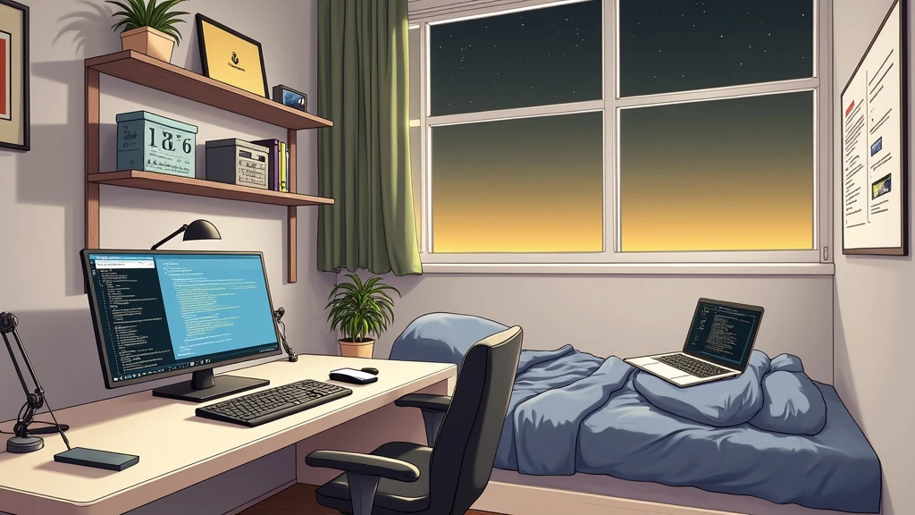 large bedroom, one desktop computer with two screens, 2 laptops, 1 phone (no-character:1.4), on the computers screens runs Linux and a development IDE, masterpiece, precision, anime art, picture from far, large windows, night outside