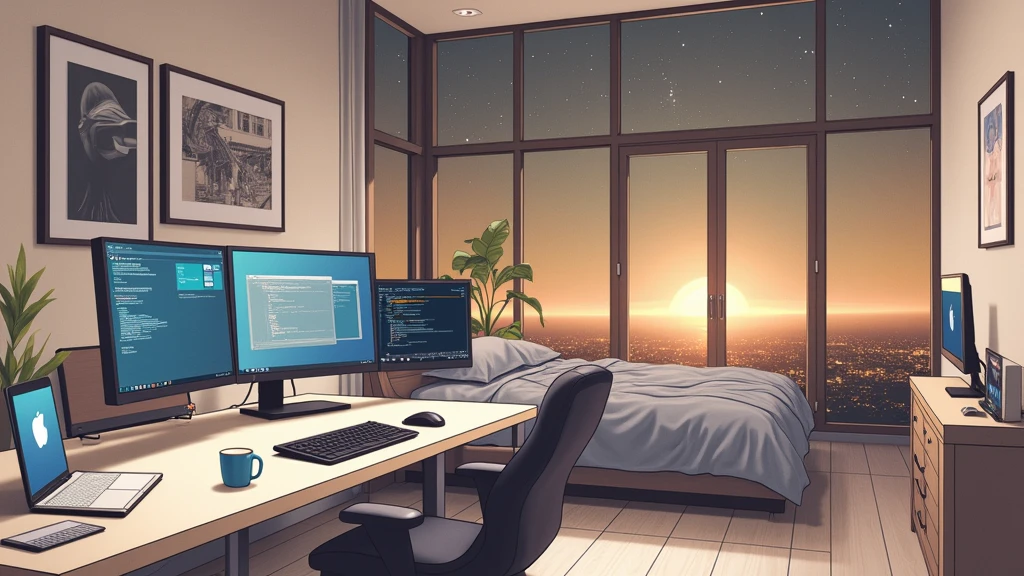 large bedroom, one desktop computer with two screens, 2 laptops, 1 phone (no-character:1.4), on the computers screens runs Linux and a development IDE, masterpiece, precision, anime art, picture from far, large windows, night outside