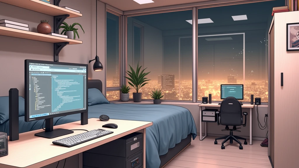 large bedroom, one desktop computer with two screens, 2 laptops, 1 phone (no-character:1.4), on the computers screens runs Linux and a development IDE, masterpiece, precision, anime art, picture from far, large windows, night outside
