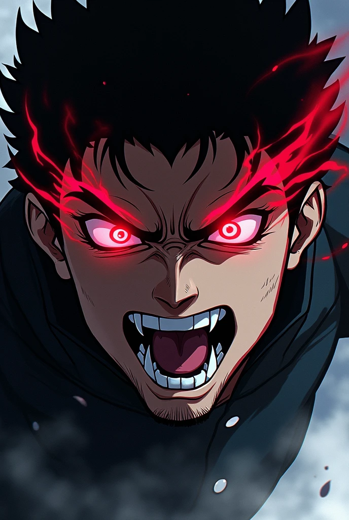Draw very close-up image of SUNG JIN WOO\(solo leveling\(manga\),screaming, angry\), shadow monarch pose,realistic art style.