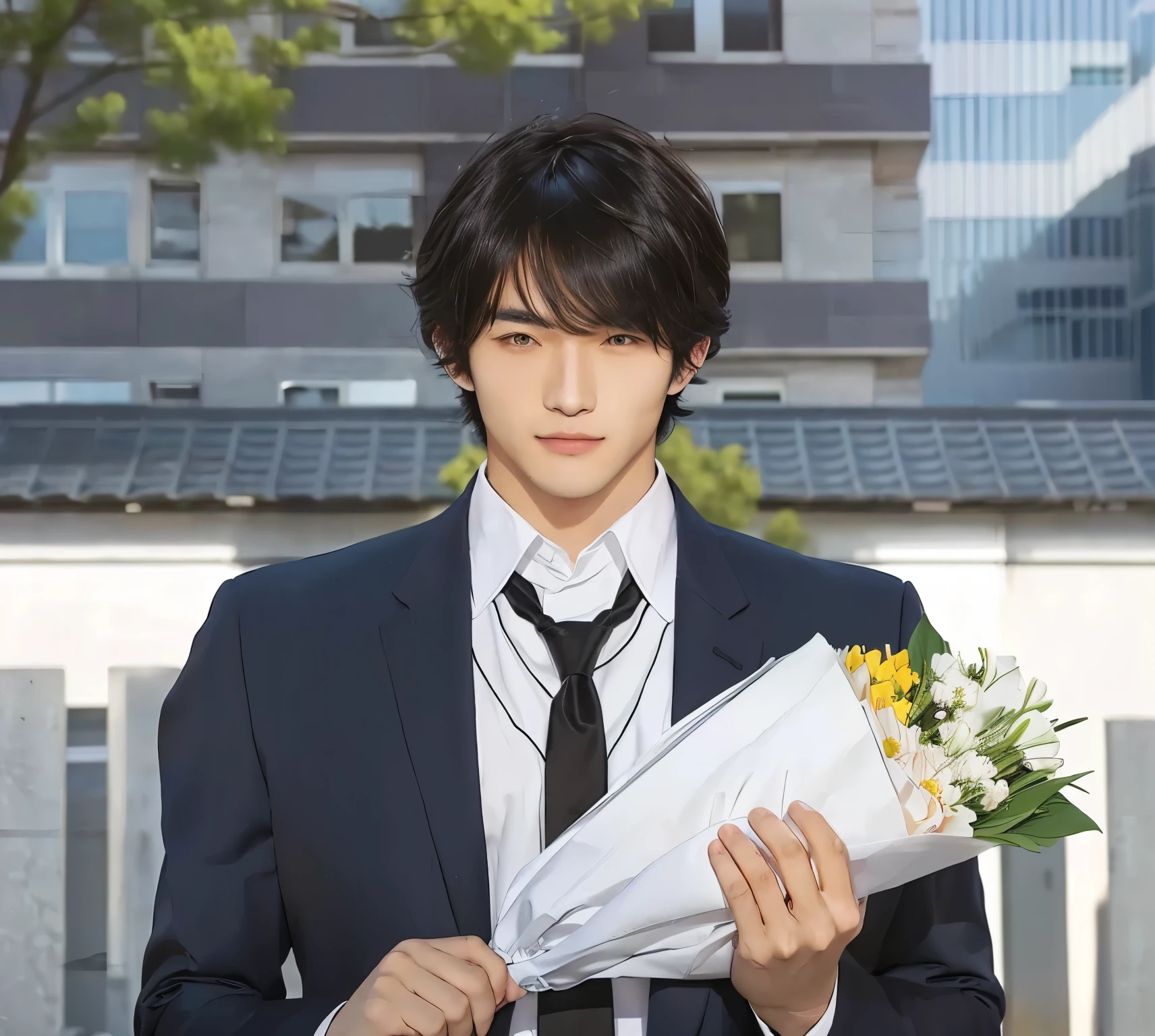 anime man in suit holding a bouquet of flowers in front of a building, handsome man