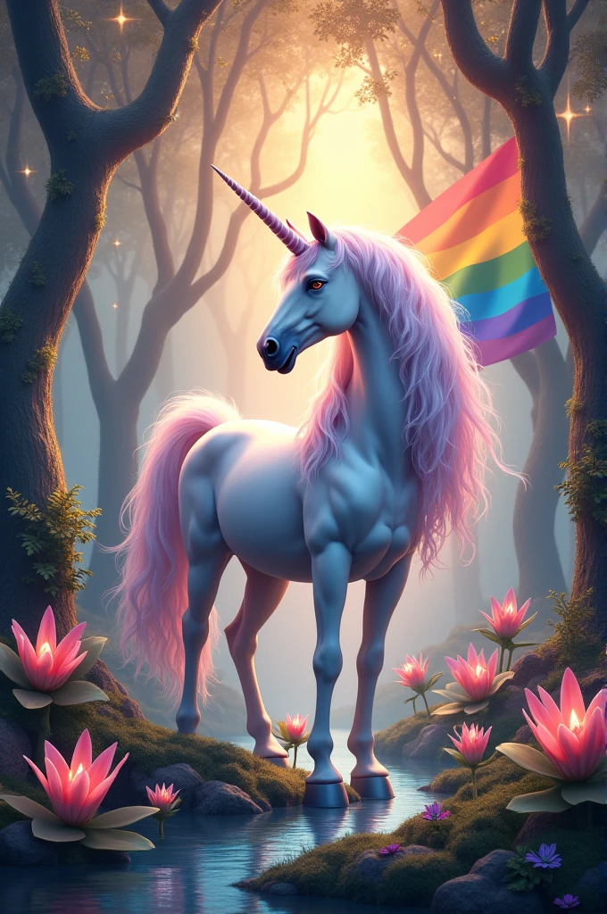 A unicorn in a magical world with an LGBT flag