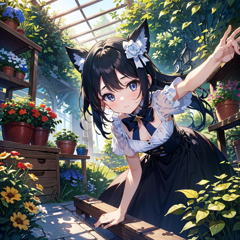 {{{Masterpiece, highest quality, high-resolution background}}}, bright and beautiful atmosphere, 1 girl (, round face, baby face), small breasts, in a garden warehouse, on a stepladder, on a shelf Girl reaching out, low angle, "deltamon_sdXL :0.73)>Deltamon"