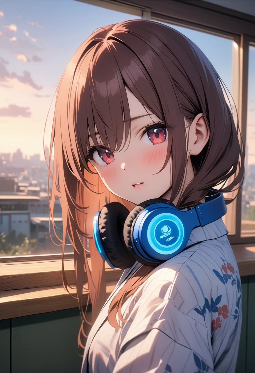 (Highest quality, 4K, 8k, High resolution, masterpiece:1.2), Very detailed, Picturesque, Animated Photography, Photo Animation:1.37)、Japanese schoolgirl、(Brown Hair)、(Medium Long Hair)、Floral Yukata、Black choker、Blue headphones around his neck、classroom、Nakano Miku
