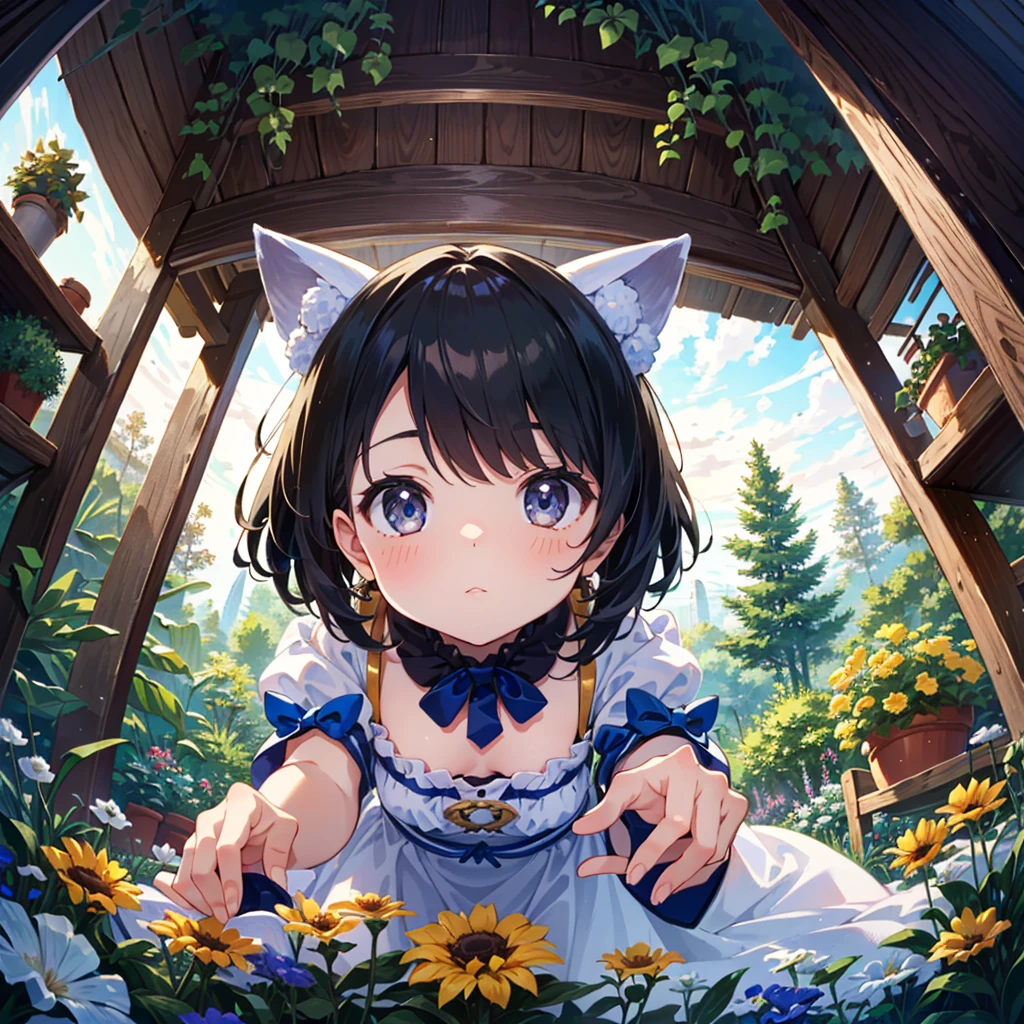 {{{Masterpiece, highest quality, high-resolution background}}}, bright and beautiful atmosphere, 1 girl (, round face, baby face), small breasts, in a garden warehouse, on a stepladder, on a shelf Girl reaching out, low angle, "deltamon_sdXL :0.73)>Deltamon"