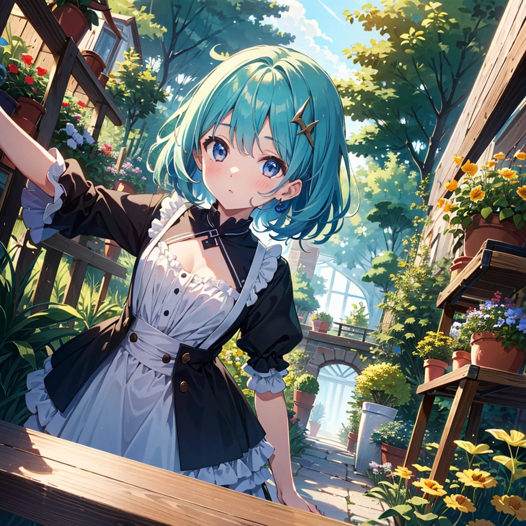 {{{Masterpiece, highest quality, high-resolution background}}}, bright and beautiful atmosphere, 1 girl (, round face, ), small breasts, in a garden warehouse, on a stepladder, on a shelf Girl reaching out, low angle, "deltamon_sdXL :0.73)>Deltamon"