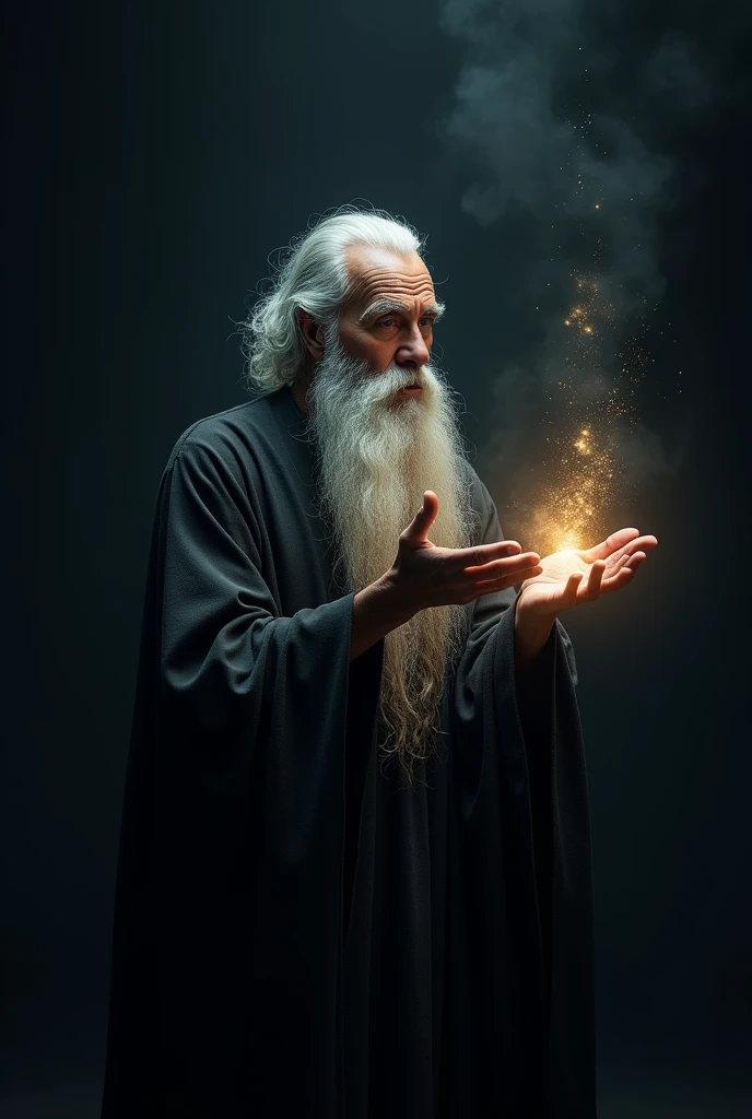 generate an image of an austere man, with a white beard and a divine appearance, who is alone with his hands raised creating a small light in the darkness.