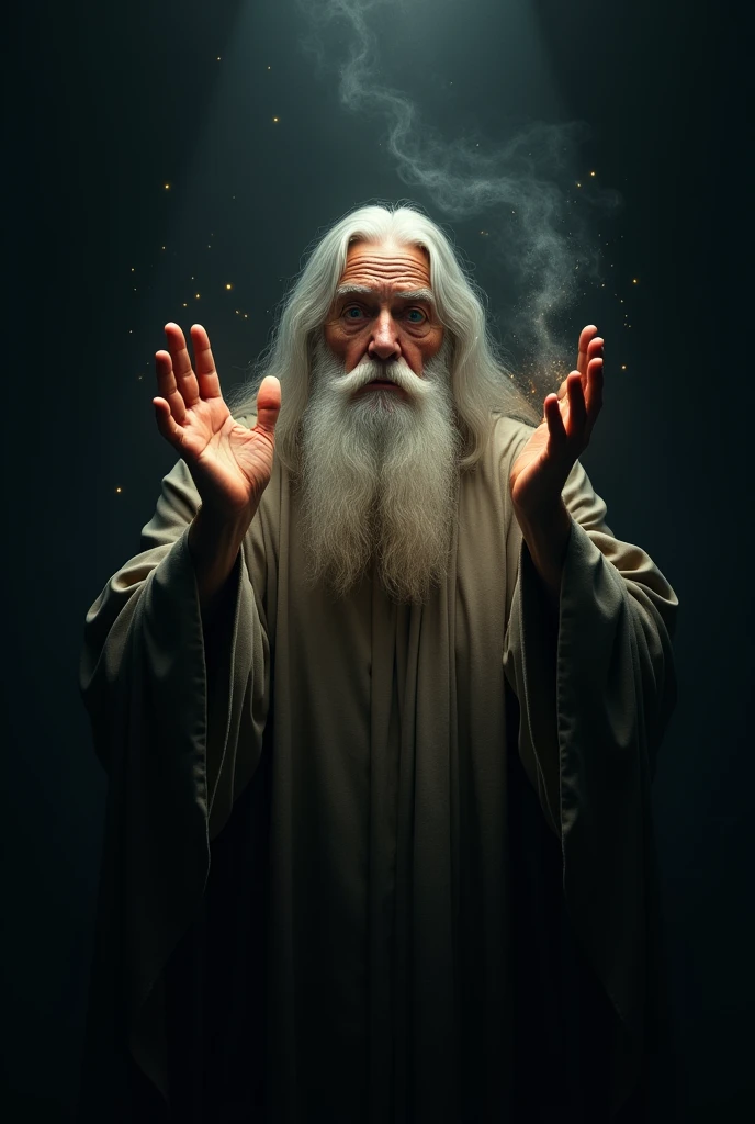 generate an image of an austere man, with a white beard and a divine appearance, who is alone with his hands raised creating a small light in the darkness.