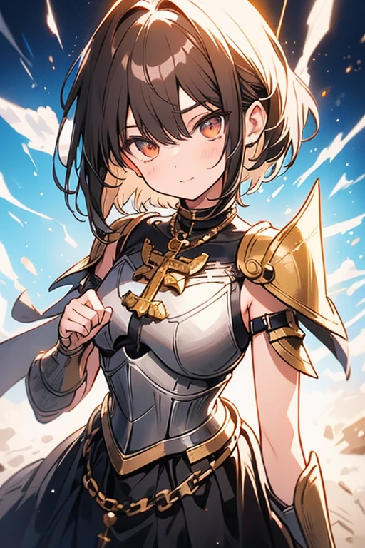 young girl, short hair to the shoulders brown color, wearing heavy battle armor, shining armor with a cross on his chest, eyes browns, Paladin , divine light of heaven