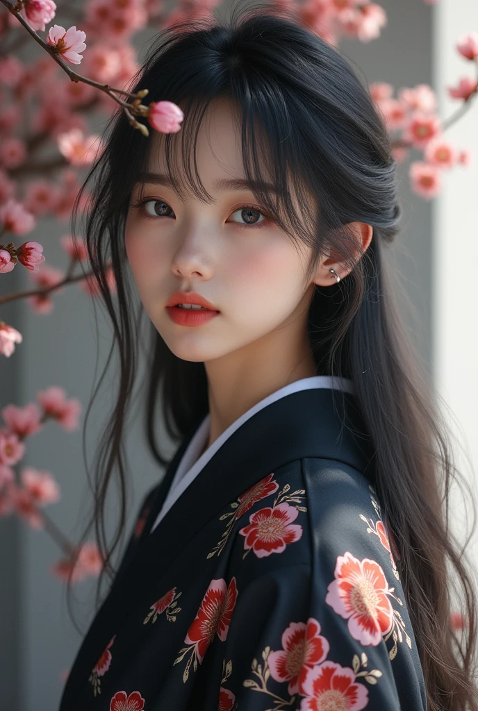 Realistic, masterpiece, Realistic, High resolution, Taken with a single-lens reflex camera、Soft Light, Hip Up, blue eyes, Gray Hair, Japanese、Cute jaw、A beautiful face like Hitomi Ishihara、20-year-old、Long Hair, Black kimono, Floral, cherry blossoms