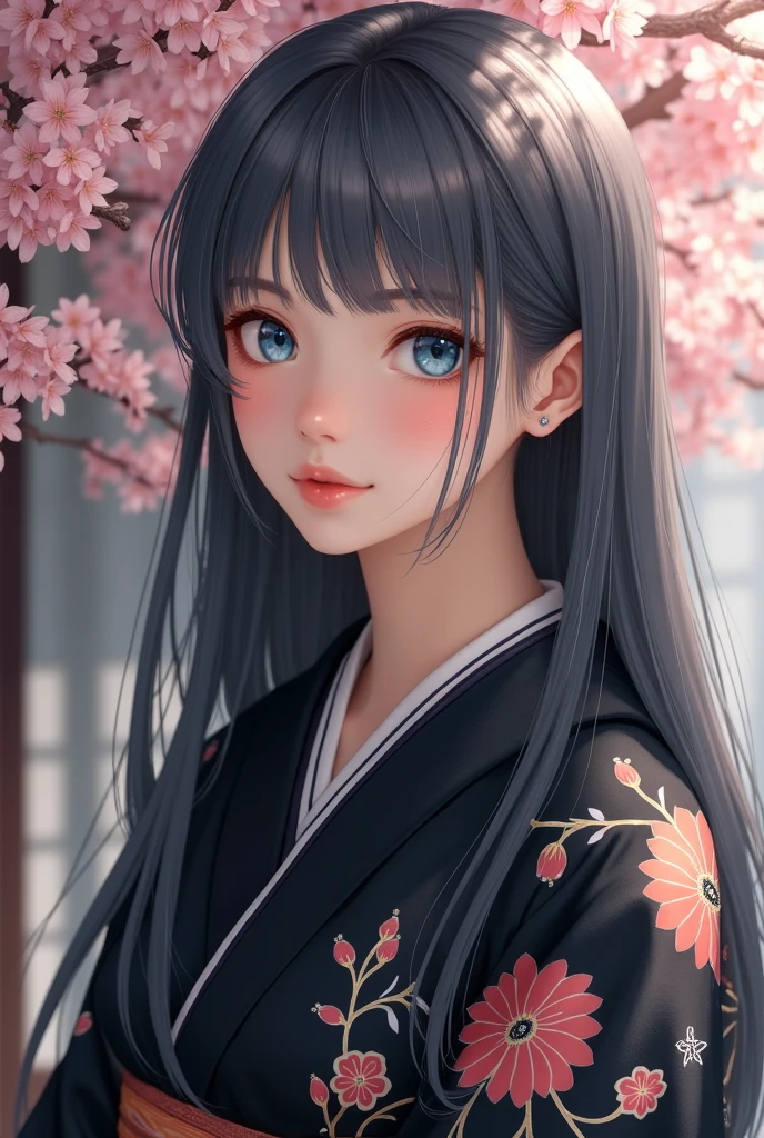 Realistic, masterpiece, Realistic, High resolution, Taken with a single-lens reflex camera、Soft Light, Hip Up, blue eyes, Gray Hair, Japanese、Cute jaw、A beautiful face like Hitomi Ishihara、20-year-old、Long Hair, Black kimono, Floral, cherry blossoms