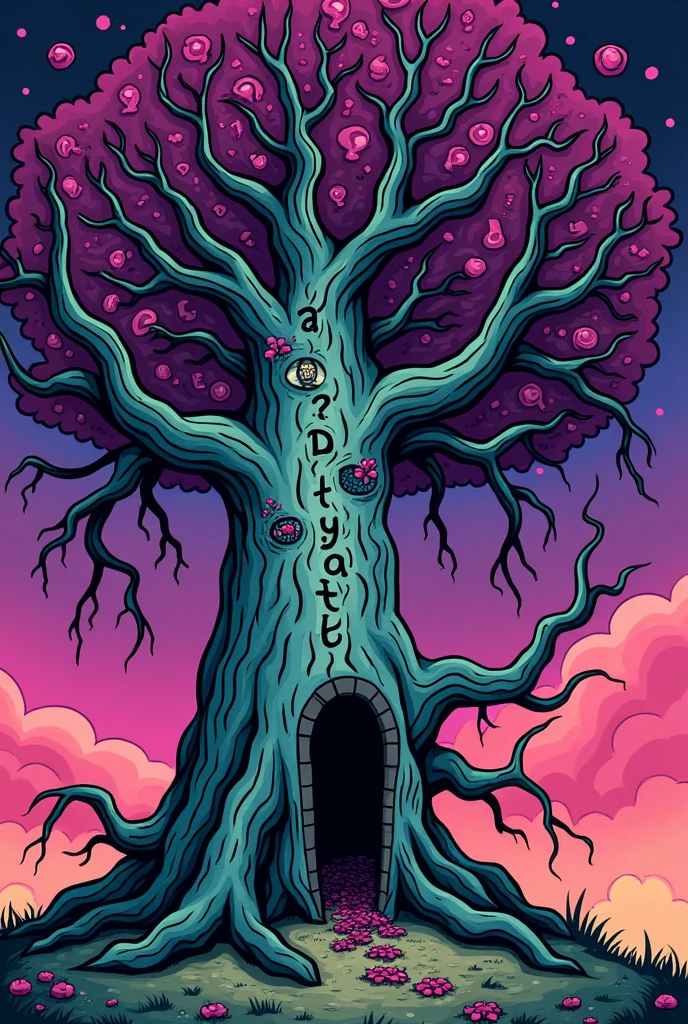 a dead tree, with elements of horror films are engraved on the trunk, human fingers in place of branches, purple leaves in the shape of question marks, bright colors, cartoon style with a bunch of keith haring style
