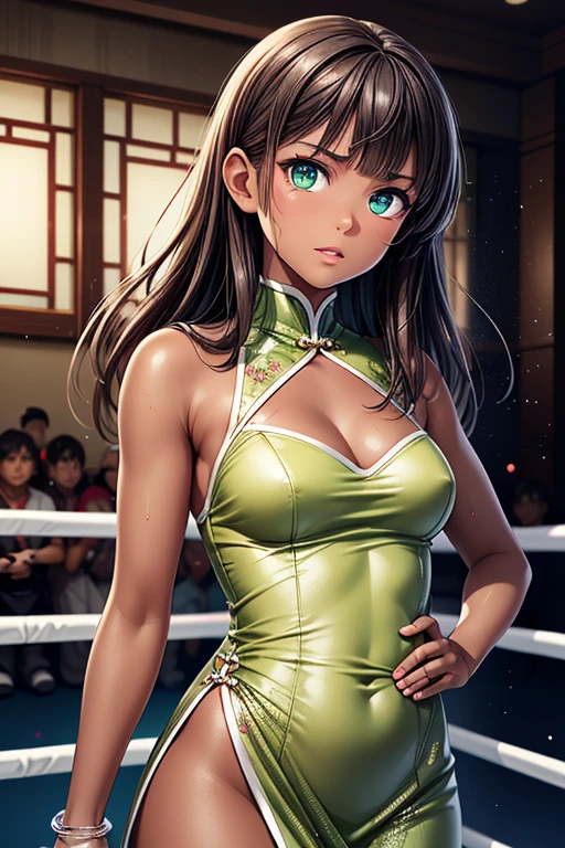 #Basic
A girl posing for a photo, (((One Girl))), (((Baby Face:1.4)) + ((cute:1.4)) + (())),
break
#Clothing Accessories
((green(long)China dress:1.5) : (Shiny) + (Large gold floral embroidery) + ((long丈のスカート部分にサイドスリットが入っている)) + (High neck sleeveless) + (Fits snugly around the waist) + (Elbow hand pockets)), (Black knee-high stockings), (Shiny黒ハイヒール),
(Silver Necklace),
break
#Features
(Blonde:1.2)) + ((blunt bangs:1.5)) + ((longヘア : Straight hair:1.4 + Hair blowing in the wind)),
((Droopy eyes:1.4, Big eyes:1.2), greenい目), (Small breasts:1.2), (中立的な顔のFeatures), (Tanned dark skin:1.4),
break
#background environment
((night, Chinatown, crowd)),
#Facial Expression Pose
((Glare, shout, Open your mouth:1.2)), ((Chinese boxing:1.2、Fighting Pose)),
#composition
((Angle from the front:1.2, Cowboy Shot)),
break
#Body parts elements
(Slim figure),
(Symmetrical facial features),
(Detailed Hair, Beautiful Hair, Shiny Hair),
(double eyelid, Long eyelashes, Thin eyebrows:0.5, Thin eyebrows:0.5),
(Expression of fine eyes, Beautiful and delicate eyes, Sparkling eyes, Eye Reflexes, Glitter Eyeliner),
(Human Ear),
(Beautiful Nose, Thin Nose),
(Shiny唇, Beautiful Lips, Thick lips),
(Textured skin, Detailed skin, Textured skin, Beautiful Skin, Oily skin),
break
#quality
(((最高quality)), ((masterpiece:1.3)), ((Very detailed))), ((Ultra-high resolution)), ((16K)), ((1080P)), ((Full HD)),
((Anatomically correct)), ((Realistic)), (3DCG), ((Oil painting)),
((comics, anime)), (CG illustration), (RAW Photos),