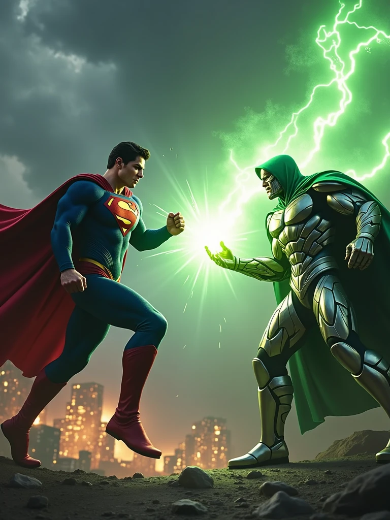 "Create a highly detailed and dynamic 4K Ultra HD image of Superman in an intense battle with Dr. Doom. Superman, wearing his classic red and blue suit with the iconic 'S' emblem, is flying mid-air, fists clenched, ready to strike. Dr. Doom stands his ground, clad in his metallic armor and green cloak, using a combination of advanced technology and mystical powers. A fierce green energy blast is emanating from Dr. Doom's hands, clashing with Superman's heat vision, creating an explosive energy collision in the center. The background features a dark, stormy sky above a futuristic, crumbling cityscape, adding to the epic scale of the battle. The lighting should be dramatic, with intense contrasts, capturing the raw power and tension between the two iconic characters."