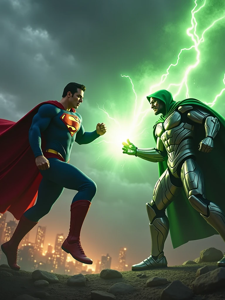 "Create a highly detailed and dynamic 4K Ultra HD image of Superman in an intense battle with Dr. Doom. Superman, wearing his classic red and blue suit with the iconic 'S' emblem, is flying mid-air, fists clenched, ready to strike. Dr. Doom stands his ground, clad in his metallic armor and green cloak, using a combination of advanced technology and mystical powers. A fierce green energy blast is emanating from Dr. Doom's hands, clashing with Superman's heat vision, creating an explosive energy collision in the center. The background features a dark, stormy sky above a futuristic, crumbling cityscape, adding to the epic scale of the battle. The lighting should be dramatic, with intense contrasts, capturing the raw power and tension between the two iconic characters."