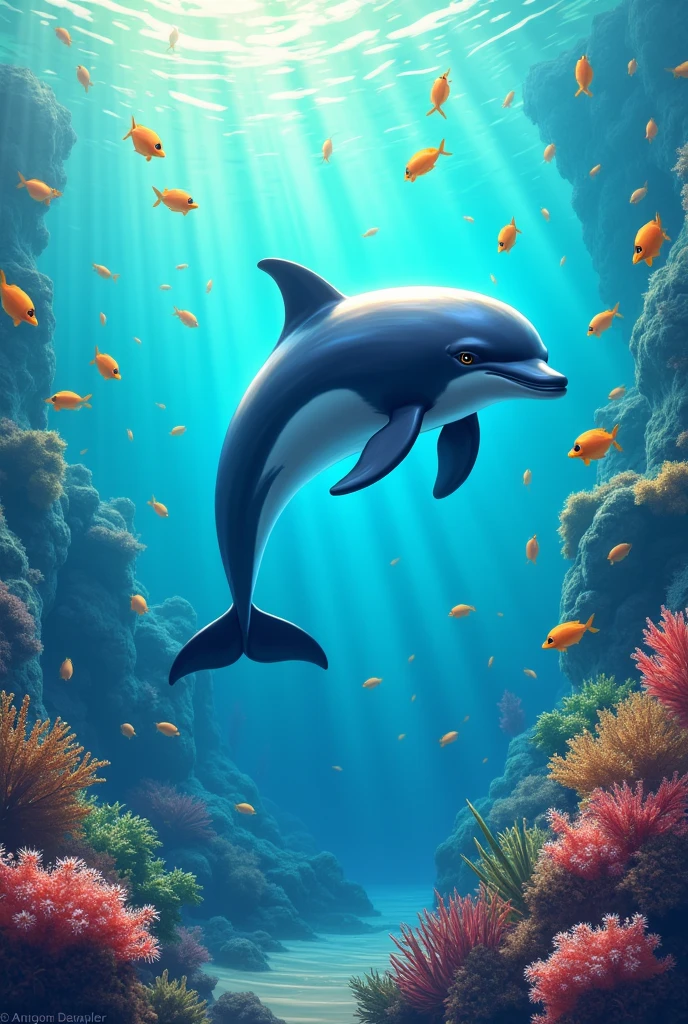 a colorful ocean full of fish, and a dolphin being the center of attention.