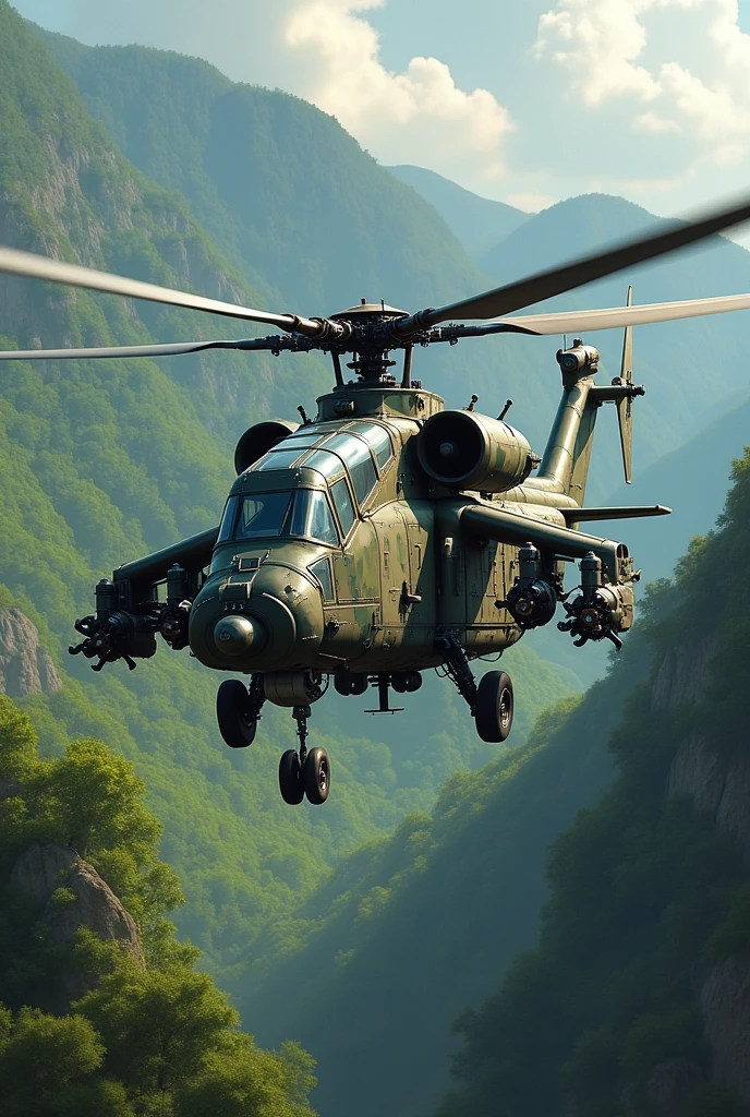 make an illustration of a super puma helicopter, green color found on land