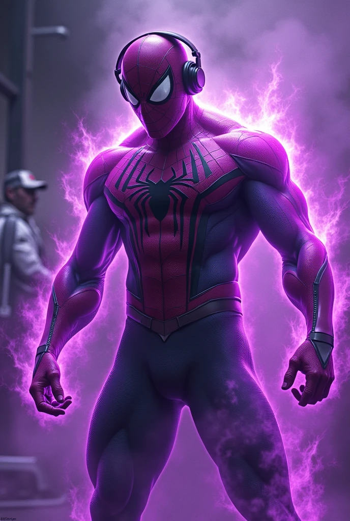 Aggressive Spiderman, and there is a purple aura coming from him, jock, in headphones, in gym