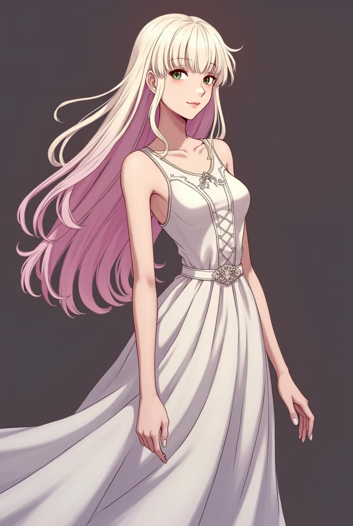 
Screancap Hunter X Hunter feminina.
body hair: offwhite, long with pink highlights. skin tone: clearing. badass clothing: Long and elegant dress. Facial expression: a calm smile.