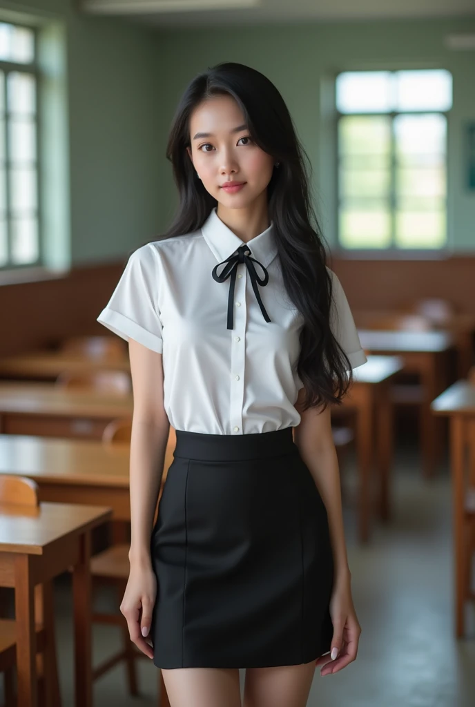 female teacher、Glasses、Sitting in a chair、White blouse、
Black Mini Skirt、garter belt